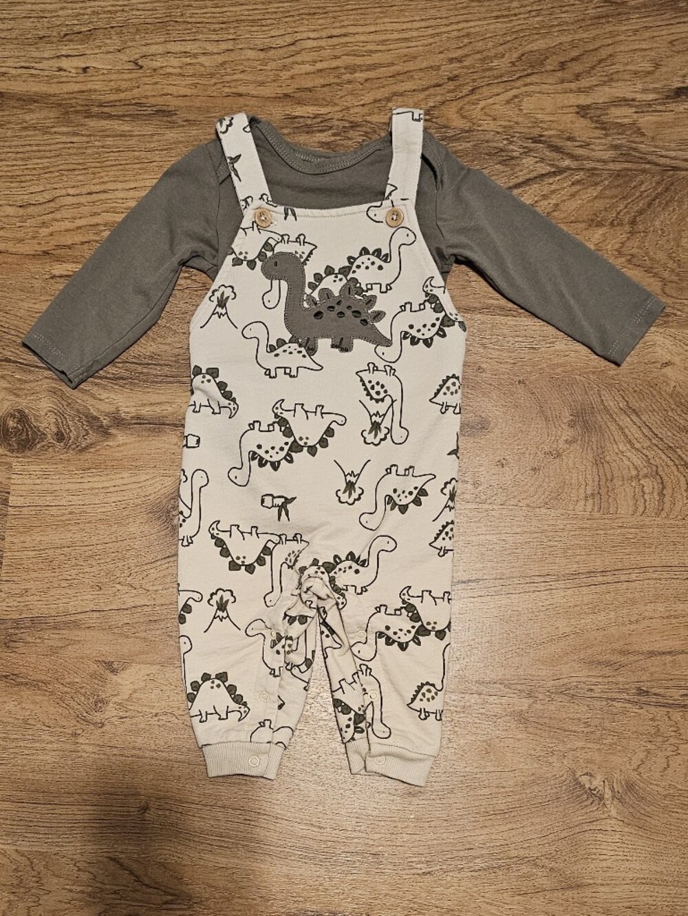 Neutral Dinosaur Overalls Set with Long Sleeve Bodysuit